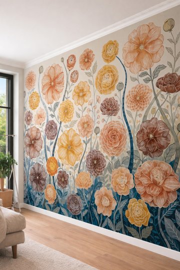 Dreamwall Turuncu, Kahverengi ve Sarı Çiçek Motifli Lüks Tek Parça Tekstil Duvar Kağıdı  küçük görsel 3