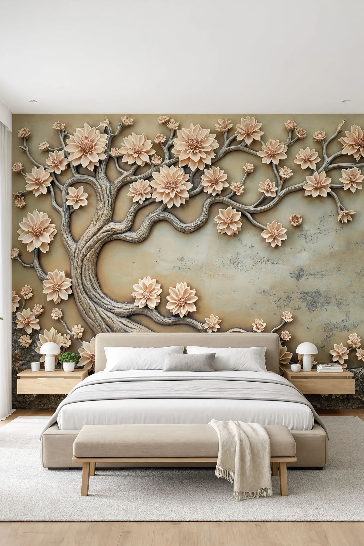 Dreamwall Ustanın Bin Yıllık Oymaları- Çiçekli Ağaç Desenli Tek Parça Tekstil Duvar Kağıdı görsel 1