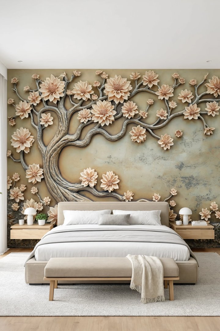 Dreamwall Ustanın Bin Yıllık Oymaları- Çiçekli Ağaç Desenli Tek Parça Tekstil Duvar Kağıdı