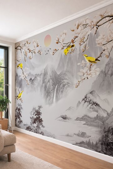 Dreamwall Uzak Doğu Esintili Kuş ve Çiçek Temalı Tekstil Duvar Kağıdı
