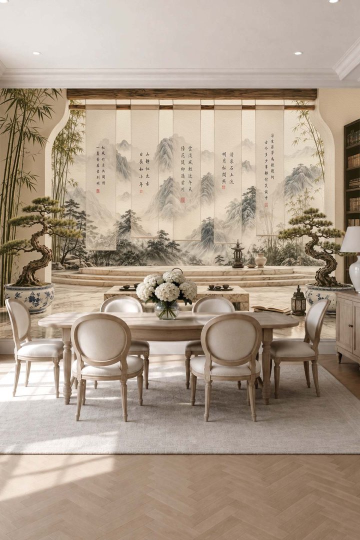Dreamwall Uzak Doğu Manzaralı Bonsai- Bahçede Çay Sefası Tek Parça Tekstil Duvar Kağıdı