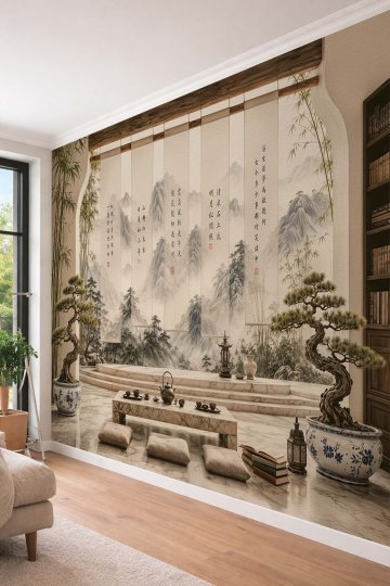 Dreamwall Uzak Doğu Manzaralı Bonsai- Bahçede Çay Sefası Tek Parça Tekstil Duvar Kağıdı küçük görsel 2