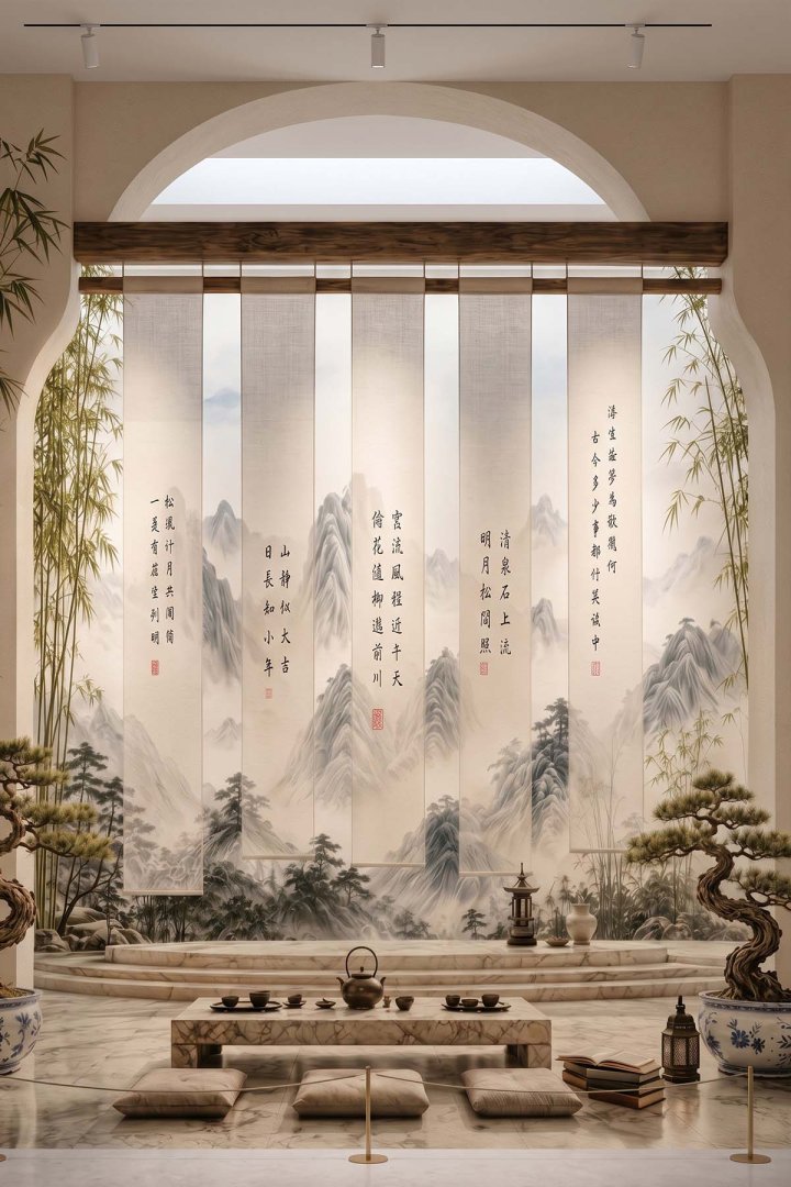 Dreamwall Uzak Doğu Manzaralı Bonsai- Bahçede Çay Sefası Tek Parça Tekstil Duvar Kağıdı