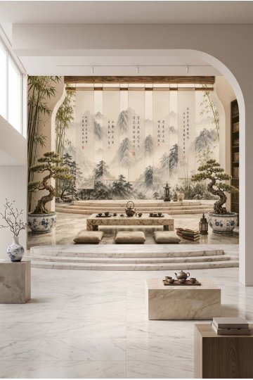Dreamwall Uzak Doğu Manzaralı Bonsai- Bahçede Çay Sefası Tek Parça Tekstil Duvar Kağıdı küçük görsel 4