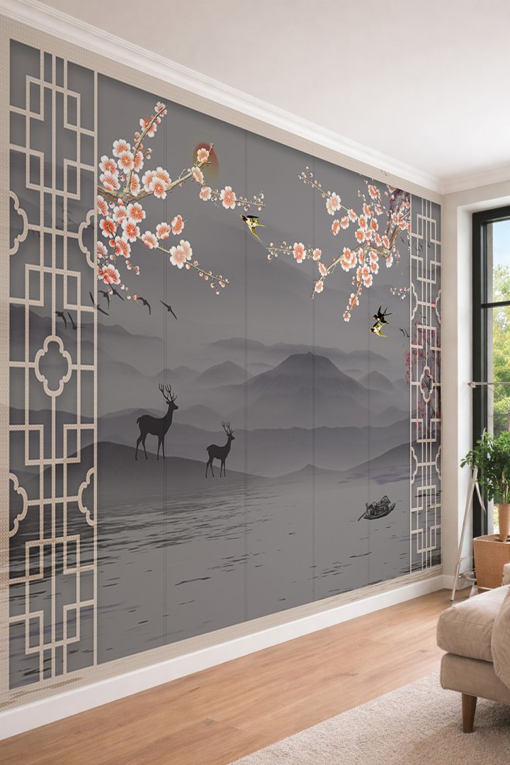 Dreamwall Uzak Doğu Temalı Geyik ve Sakura Dalları Desenli Tek Parça Tekstil Duvar Kağıdı