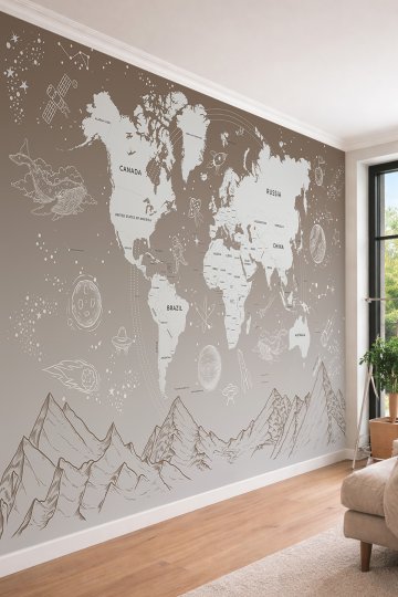 Dreamwall Uzay Kaşifi Dünya Haritası ve Dağ Silueti Tek Parça Tekstil Duvar Kağıdı
