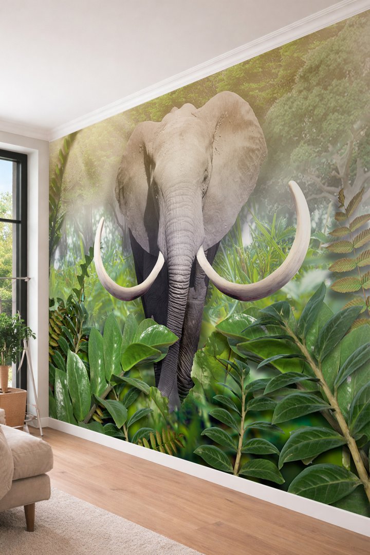 Dreamwall Vahşi Orman ve Görkemli Fil Temalı - 3D Derinlik Etkili Tek Parça Tekstil Duvar Kağıdı