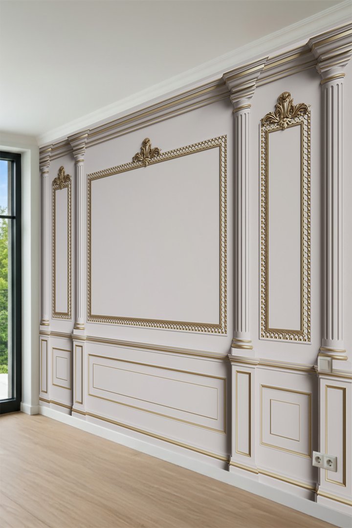 Dreamwall Varak Detaylı Çerçeve Panelli ve Sütun Desenli Tek Parça Tekstil Duvar Kağıdı