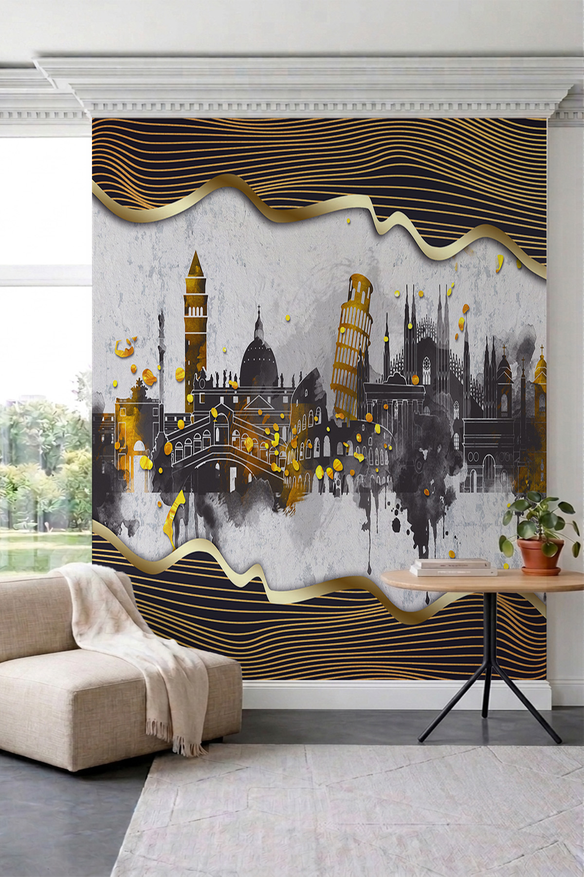 Dreamwall Varaklı Dalgalı Çizgiler ve İtalya Şehir Silüeti Tek Parça Tekstil Duvar Kağıdı görsel 1