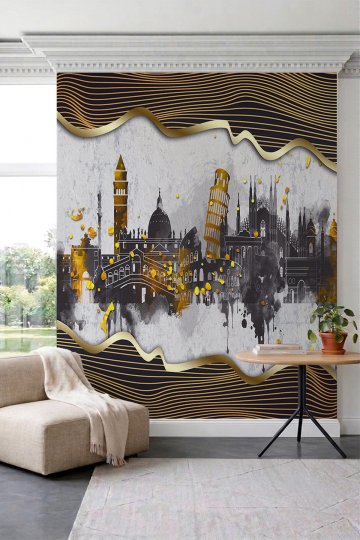 Dreamwall Varaklı Dalgalı Çizgiler ve İtalya Şehir Silüeti Tek Parça Tekstil Duvar Kağıdı küçük görsel 2