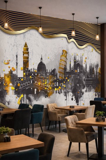 Dreamwall Varaklı Dalgalı Çizgiler ve İtalya Şehir Silüeti Tek Parça Tekstil Duvar Kağıdı küçük görsel 1