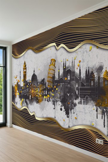 Dreamwall Varaklı Dalgalı Çizgiler ve İtalya Şehir Silüeti Tek Parça Tekstil Duvar Kağıdı küçük görsel 3