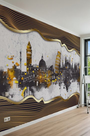 Dreamwall Varaklı Dalgalı Çizgiler ve İtalya Şehir Silüeti Tek Parça Tekstil Duvar Kağıdı küçük görsel 4