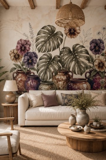 Dreamwall Vazoların Buluşması- Vazo ve Botanik Desenli Tek Parça Tekstil Duvar Kağıdı