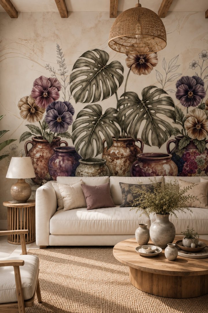 Dreamwall Vazoların Buluşması- Vazo ve Botanik Desenli Tek Parça Tekstil Duvar Kağıdı