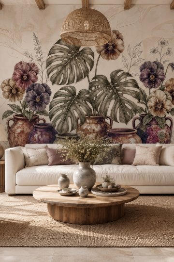 Dreamwall Vazoların Buluşması- Vazo ve Botanik Desenli Tek Parça Tekstil Duvar Kağıdı küçük görsel 2