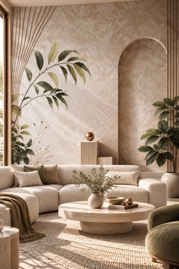 Dreamwall Velmora Sessiz Yeşil- Bitki ve Kemer Desenli Tek Parça Tekstil Duvar Kağıdı  küçük görsel 3