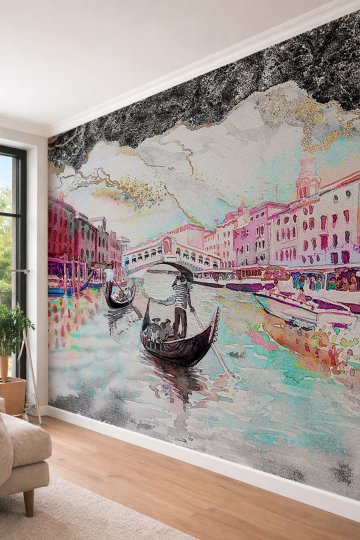 Dreamwall Venedik Gondol Temalı Renkli Modern Sanat Efektli Tek Parça Tekstil Duvar Kağıdı