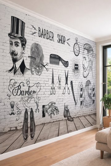 Dreamwall Vintage Berber ve Erkek Kuaförü Temalı Tuğla Desenli Tek Parça Tekstil Duvar Kağıdı