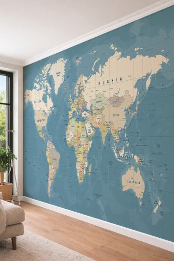Dreamwall Vintage Dünya Haritası Detaylı Tek Parça Tekstil Duvar Kağıdı - Modern ve Eğitici
