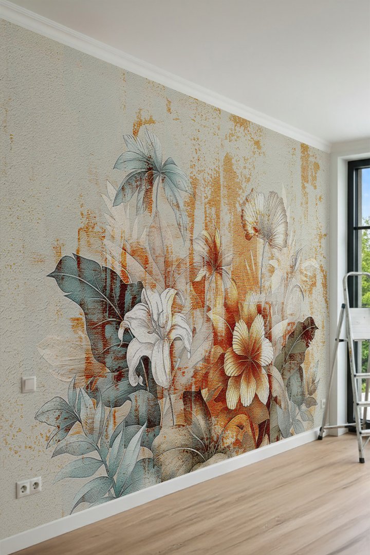 Dreamwall Vintage Modern Çiçekler ve Soyut Doku Temalı Tek Parça Tekstil Duvar Kağıdı