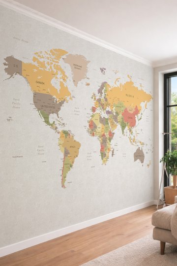 Dreamwall Vintage Renkli Siyasi Dünya Haritası Temalı Modern Eğitici Tek Parça Tekstil Duvar Kağıdı