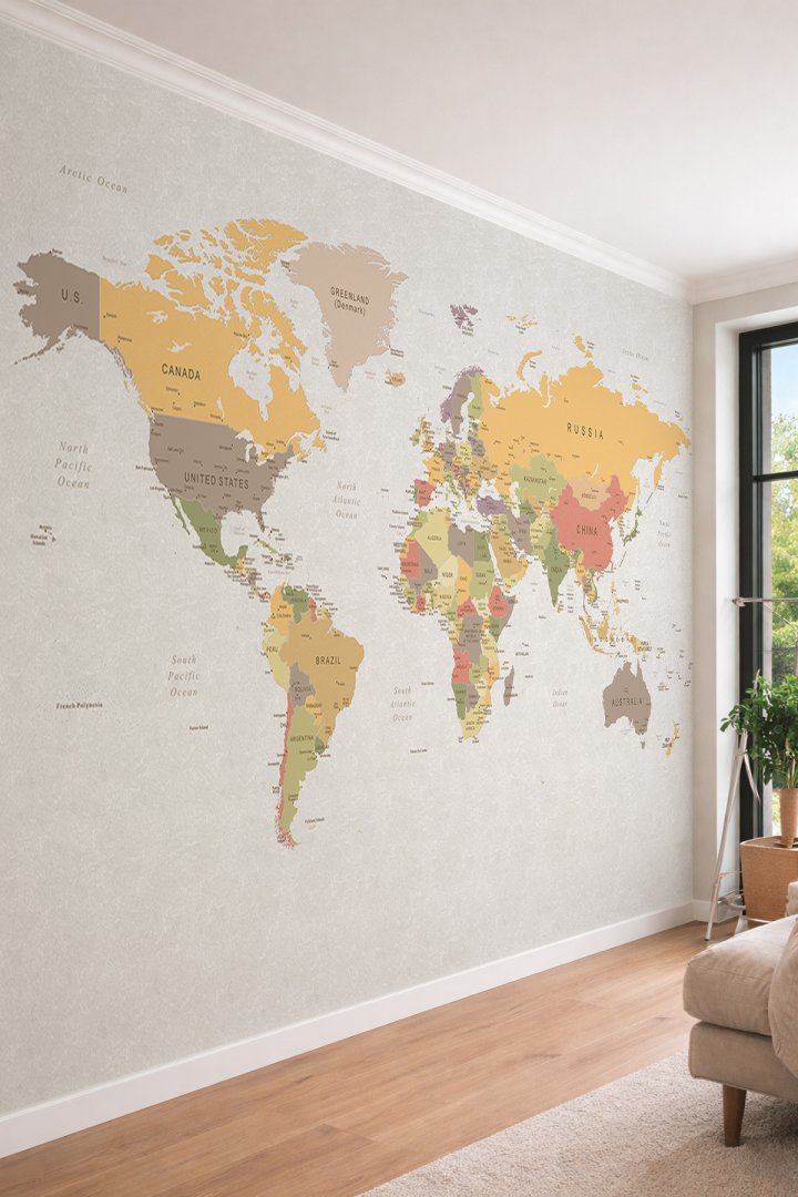 Dreamwall Vintage Renkli Siyasi Dünya Haritası Temalı Modern Eğitici Tek Parça Tekstil Duvar Kağıdı