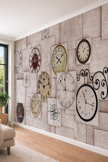 Dreamwall Vintage Saatler ve Pusula - 3D Blok Görünümlü Tek Parça Tekstil Duvar Kağıdı