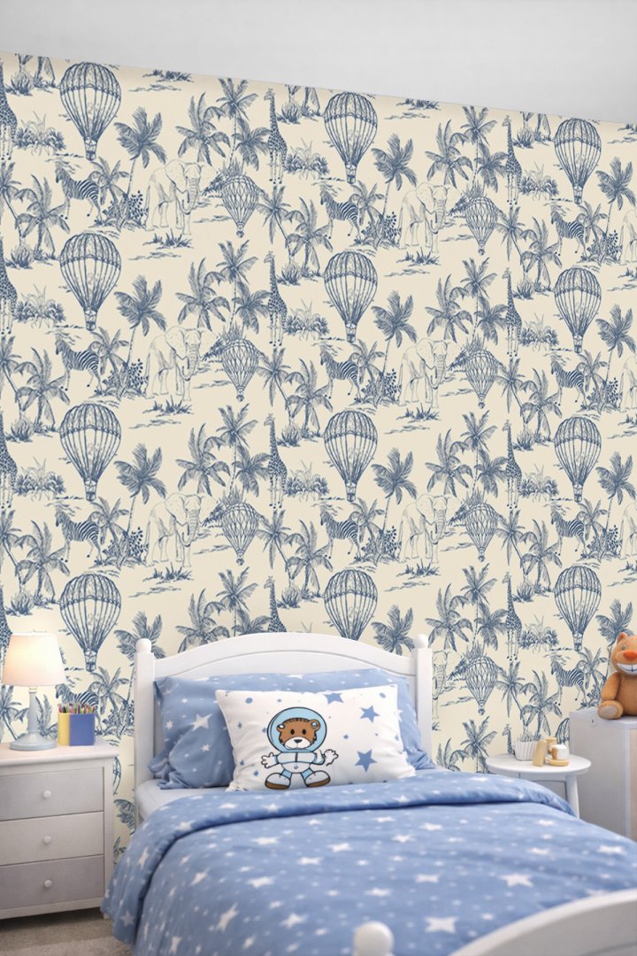 Dreamwall Vintage Safari ve Sıcak Hava Balonları Gravür Desenli Tek Parça Tekstil Duvar Kağıdı