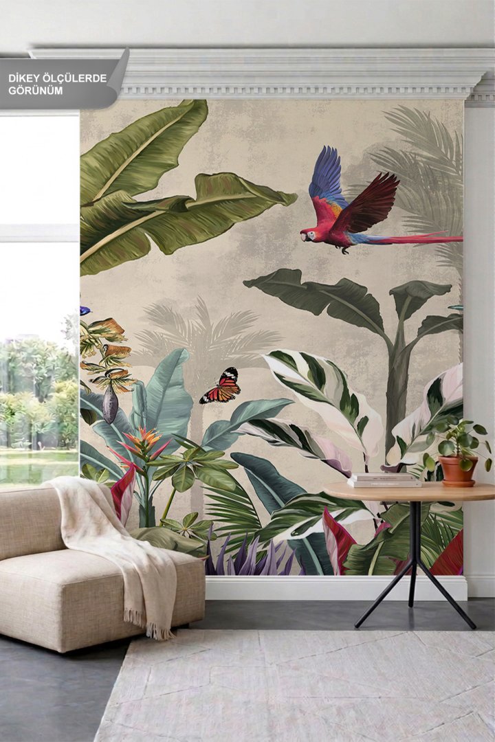 Dreamwall Vintage Tropikal Orman, Papağan ve Kelebek Motifli Tek Parça Tekstil Duvar Kağıdı