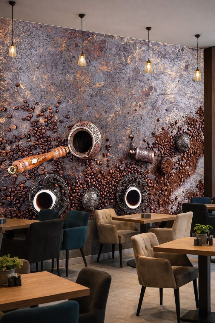 Dreamwall Vintage Türk Kahvesi, Cezve ve Kahve Çekirdekleri Motifli Tek Parça Tekstil Duvar Kağıdı