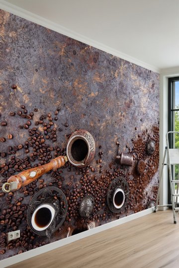 Dreamwall Vintage Türk Kahvesi, Cezve ve Kahve Çekirdekleri Motifli Tek Parça Tekstil Duvar Kağıdı küçük görsel 2