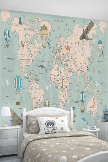 Dreamwall Vintage Uçaklar, Sıcak Hava Balonları ve Eğitici Dünya Haritası Motifli Tek Parça Tekstil...