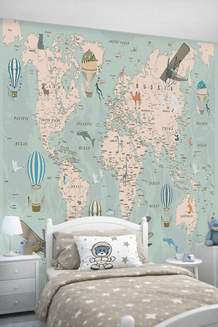 Dreamwall Vintage Uçaklar, Sıcak Hava Balonları ve Eğitici Dünya Haritası Motifli Tek Parça Tekstil...