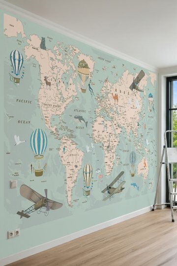 Dreamwall Vintage Uçaklar, Sıcak Hava Balonları ve Eğitici Dünya Haritası Motifli Tek Parça Tekstil Duvar Kağıdı küçük görsel 2