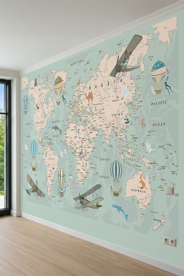 Dreamwall Vintage Uçaklar, Sıcak Hava Balonları ve Eğitici Dünya Haritası Motifli Tek Parça Tekstil Duvar Kağıdı küçük görsel 3