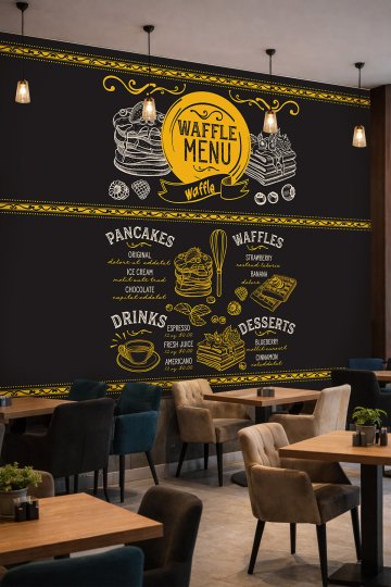 Dreamwall Waffle Menü, Tatlı ve İçecek Çizimleri Motifli Tek Parça Tekstil Duvar Kağıdı