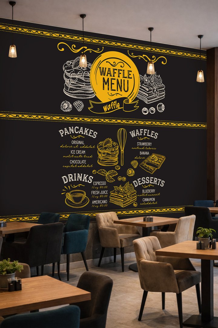 Dreamwall Waffle Menü, Tatlı ve İçecek Çizimleri Motifli Tek Parça Tekstil Duvar Kağıdı