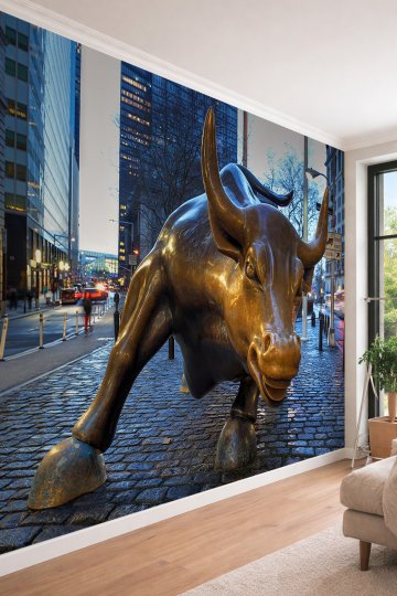 Dreamwall Wall Street Boğası Temalı Şehir Manzaralı Motivasyonel Tek Parça Tekstil Duvar Kağıdı