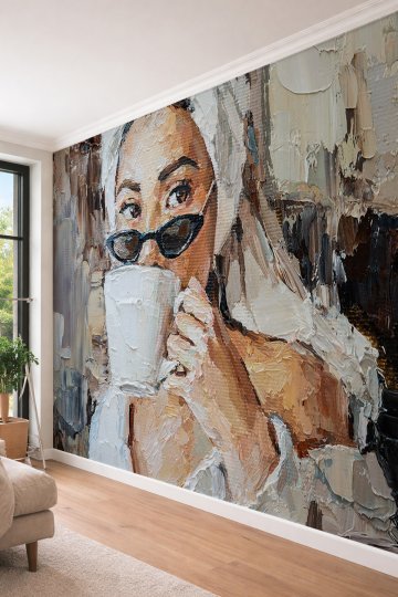 Dreamwall Yağlı Boya Dokulu Kahve İçen Kadın Portresi Modern Sanat Efektli Tekstil Duvar Kağıdı