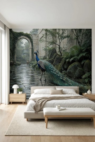 Dreamwall Yağmur Bahçesinin Tavus Kuşu Temalı Tek Parça Tekstil Duvar Kağıdı