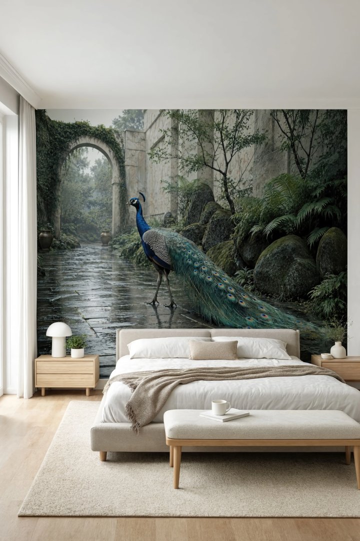 Dreamwall Yağmur Bahçesinin Tavus Kuşu Temalı Tek Parça Tekstil Duvar Kağıdı