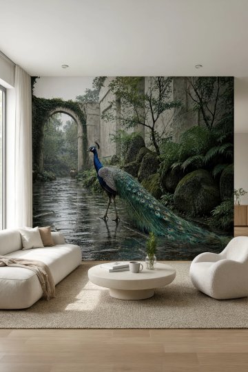 Dreamwall Yağmur Bahçesinin Tavus Kuşu Temalı Tek Parça Tekstil Duvar Kağıdı küçük görsel 2