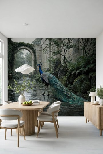 Dreamwall Yağmur Bahçesinin Tavus Kuşu Temalı Tek Parça Tekstil Duvar Kağıdı küçük görsel 3