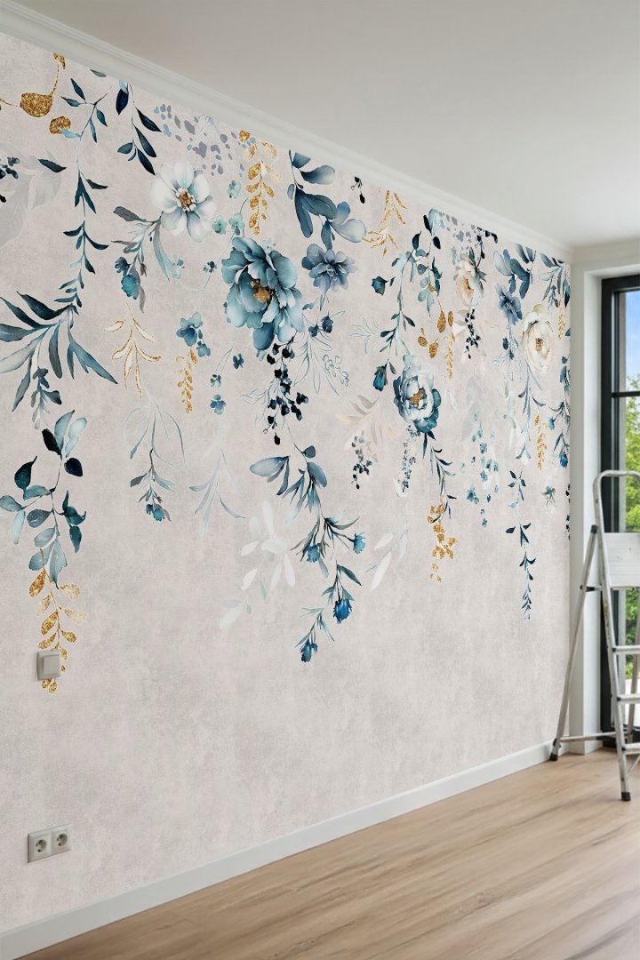 Dreamwall Yaldızlı Sarkıt Çiçekler, Suluboya Desenli Tek Parça Tekstil Duvar Kağıdı