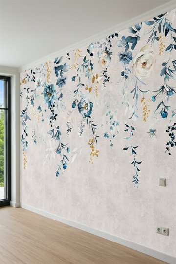 Dreamwall Yaldızlı Sarkıt Çiçekler, Suluboya Desenli Tek Parça Tekstil Duvar Kağıdı küçük görsel 3
