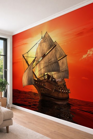 Dreamwall Yelkenli Gemi ve Gün Batımı - Cafe ve Restoran İçin Tek Parça Tekstil Duvar Kağıdı