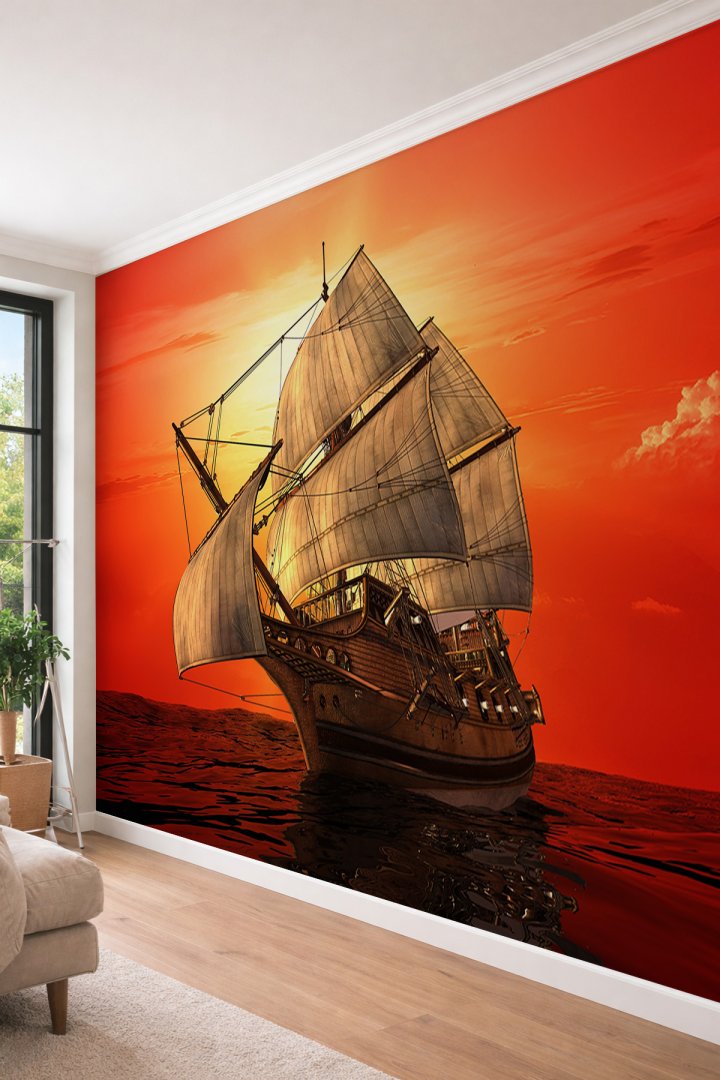 Dreamwall Yelkenli Gemi ve Gün Batımı - Cafe ve Restoran İçin Tek Parça Tekstil Duvar Kağıdı