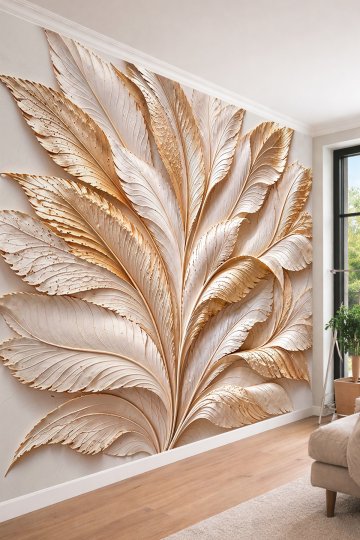 Dreamwall Yelpaze Formlu Büyük Yaprak ve Tüy Kabartmalı Tek Parça Tekstil Duvar Kağıdı  küçük görsel 2