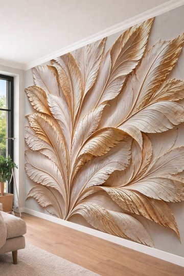 Dreamwall Yelpaze Formlu Büyük Yaprak ve Tüy Kabartmalı Tek Parça Tekstil Duvar Kağıdı  küçük görsel 4